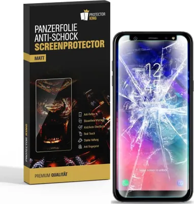 A product box for a screen protector and a smartphone with a cracked screen.