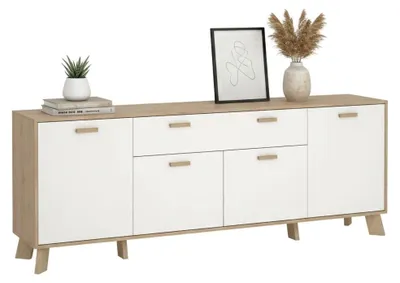 Produktbild von Kommode Claribel, Wohnzimmerbuffet, Wohnzimmer-Sideboard, Moderne Küchen-Speisekammer, 196x39 h73 cm, Eiche und Weiß