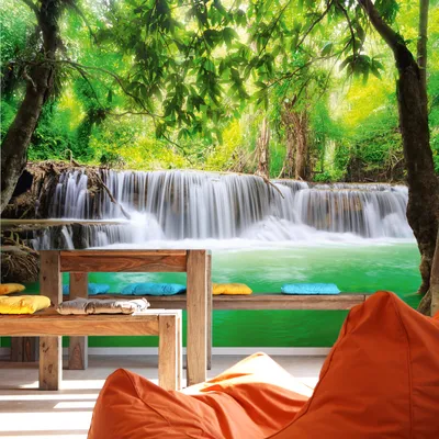 Produktbild von Fototapete Wasserfall 3D 366 x 254cm Wald Bambus Thailand Tapete Wohnzimmer Schlafzimmer Küche inklusive Kleister