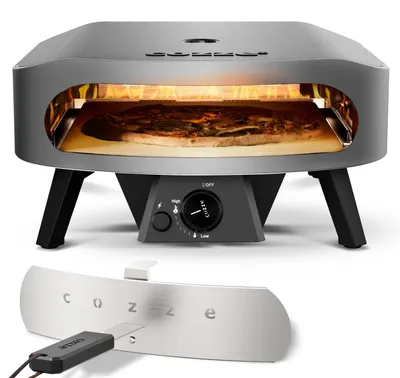 Productafbeelding van Cozze® Gaspizzaoven Classic 17, met thermometer, inclusief pizzasteen, baktemperatuur tot 450°C, draagbaar, grilloppervlak 43 x 43 cm, afmetingen apparaat 29,5 x 58,5 x 58,5 cm, staal / cordieriet, grijs / zwart
