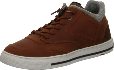 A single brown leather high-top sneaker with a gray fabric collar is shown against a white background.