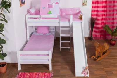 Produktbild von Etagenbett Buche Vollholz weiß mit Regal und Rutsche 90x200 cm, teilbar