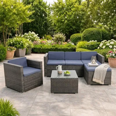 Produktbild von Rattan Lounge Sitzgruppe Gartenmöbel Set Sofa Couch 5-Sitzer Rattanmöbel Grau