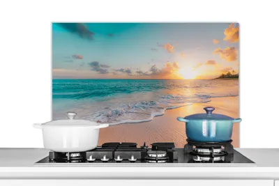 Produktbild von KitchenYeah® Spritzschutz Küche - Küchenrückwand - Wandschutz für Herd und Spüle - Sonnenuntergang - Strand - Meer - Sommer - Blau 90x60 - Alu-Dibond (Alternative zum Spritzschutz aus Glas) - Hitzebe