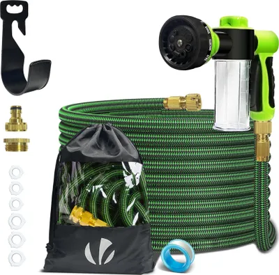 Produktbild von VOUNOT® Flexibler Gartenschlauch 15m, Flexibel Wasserschlauch Dehnbarer mit 8 Sprühfunktionen & Spülmittelbehälter, Grün