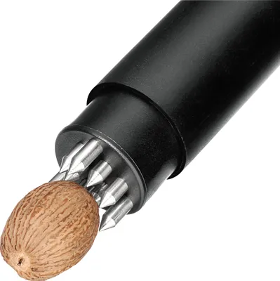 A close-up of a nutmeg grater with a nutmeg.