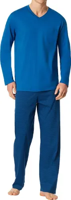 Immagine prodotto di Set di pigiama Schiesser Comfort Essentials, composto da maglia a maniche lunghe e pantaloni lunghi, realizzato in 100% cotone di alta qualità, per un elevato comfort. Colore: blu. Taglia: 58