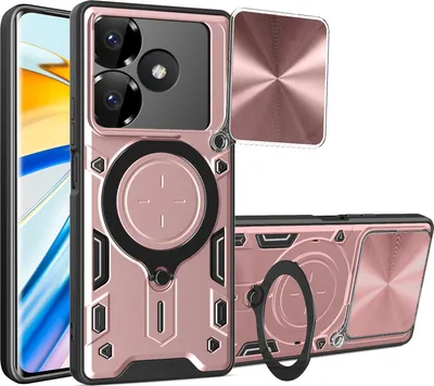 Produktbild von Handyhülle für Xiaomi Redmi 13 Dual-Layer Stoßfest Rüstung Hülle mit Dia Kameraschutz und Kreisförmig Ring Ständer Roségold