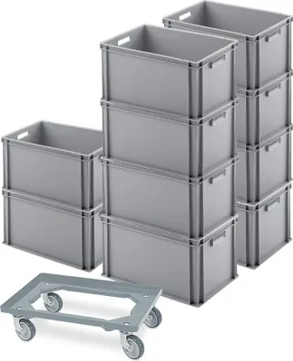 Produktbild von 10 Eurobehälter 600x400x320 mm, grau + GRATIS Schwerlast-Transportroller