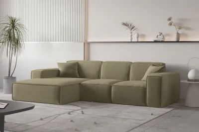Produktbild von Ecksofa Designersofa CELES PREMIUM Stoff Opera Velvet Olivgrün Ottomane Links