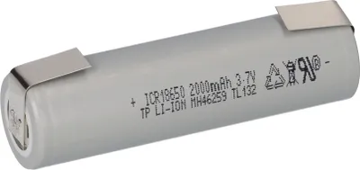 A single battery cell with metal contacts attached.