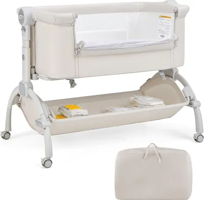Produktbild von GOPLUS Baby Beistellbett, Babywiege mit Matratze, Tragetasche & Aufbewahrungskorb, 7-Fach höhenverstellbares Babybett, bis 9 kg Belastbar, Beige