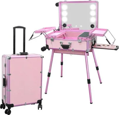 Produktbild von Professionelle Reisekosmetikkoffer mit beleuchteter Spiegel und Bluetooth - rosa Kosmetiktrolley für Schönheitsfachleute