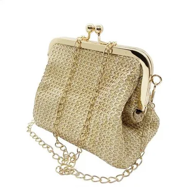 Produktbild von Unyqoos® Damen-Clutch aus Stroh, handgewebt, Polyesterfutter, abnehmbare Metallkette, 22×15×11 cm, 170 g – Abend & Strand