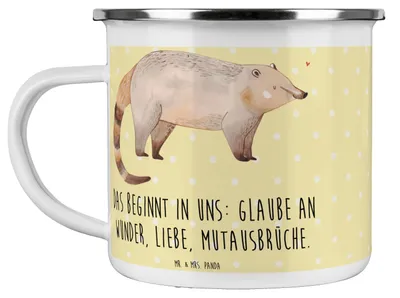 Produktbild von Mr. & Mrs. Panda Teetasse Nasenbär - Gelb Pastell - Geschenk, Rüsselbär, Pott, Teebecher, Emaille Tasse, Lustige Sprüche, Kaffeepott, Nasenbären, Outdoor, Bär