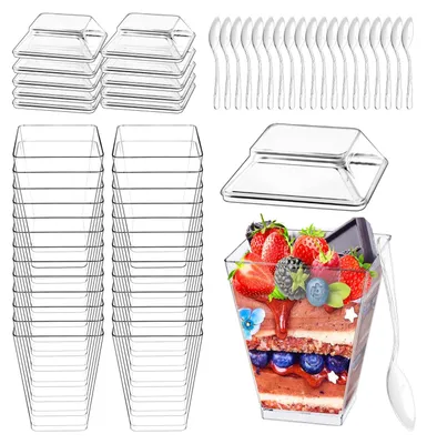 Produktbild von Desserttassen - 40 Stück mit Löffeln und Deckeln - für Pudding Mousse und Eis - 160 ml / 5 oz quadratisch transparent