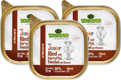 Produktbild von 3 x 200g Schecker Nassfutter - Hundemenü - Junior Rind mit Kartoffel, Fenchel und Banane