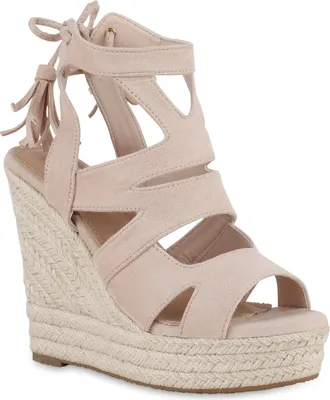 Produktbild von VAN HILL Damen Keilsandaletten Sandaletten Bast Quasten Cut-Outs Schuhe 841372, Farbe: Beige, Größe: 36