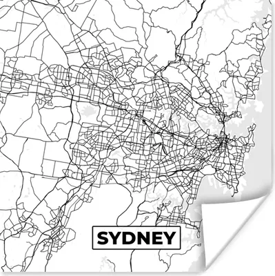 Produktbild von MuchoWow® Poster Karte - Sydney - Stadtplan - Schwarz und weiß 100x100 cm - Babyzimmer