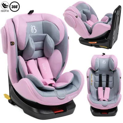 A collage of images showing a pink and gray car seat from different angles.