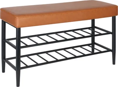 Image de Banc à chaussures Relaxdays, assise rembourrée en similicuir, 2 étagères à chaussures, 6 paires de chaussures, étagère à chaussures HBT 50x80x30 cm, marron