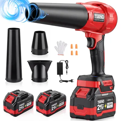 Produktbild von TEENO - Kabelloser Laubbläser 21V – 3 Geschwindigkeiten Max 35000 U/Min, Leicht, Kompakt, 3 Düsen Enthalten, 2x6,0Ah Akkus - Ladegerät