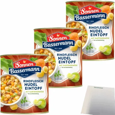 Produktbild von Sonnen Bassermann Rindfleisch-Nudel-Eintopf 3er Pack (3x 800g Dose) + usy Block