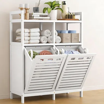 Image de Armoire de salle de bain en bambou avec panier à linge et étagères