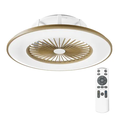 A modern flush-mount ceiling fan with integrated LED lighting, shown with its remote control.