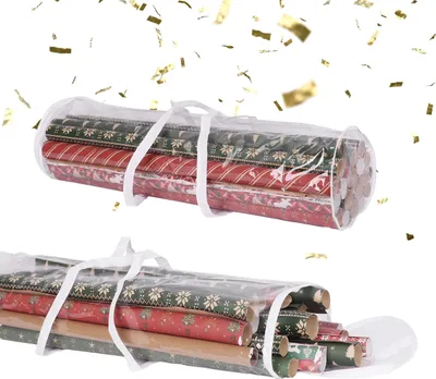 Produktbild von Relaxdays Geschenkpapier Aufbewahrung, 2er Set, Reißverschluss, Griffe, HxD: 79x22 cm, Geschenkpapiertasche, transparent