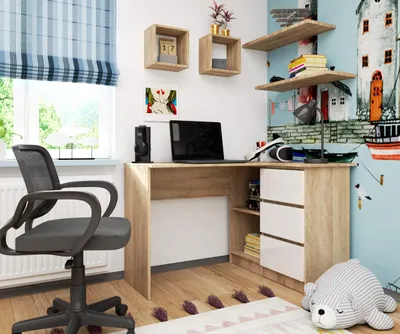 Obrázok produktu pre Rohový písací stôl 124 cm s 3 zásuvkami, počítačový stôl v tvare L, rohová skriňa s 2 priehradkami