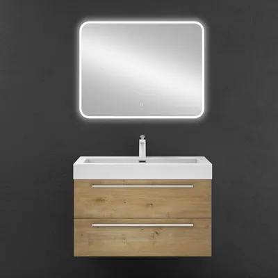 Image de doporro Meuble de Salle de Bains Marron Clair Ensemble de 3 Pièces Meuble Suspendu avec Lavabo 90cm et Miroir LED Design Quadratto
