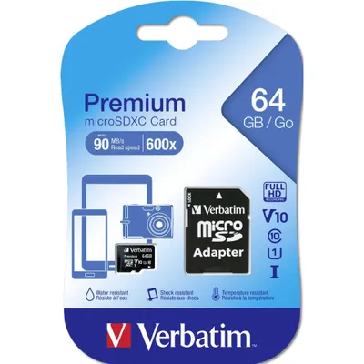 Obrázok produktu pre Verbatim Premium, 64 GB, MicroSDXC, Trieda 10, 90 MB/s, 10 MB/s, Class 1 (U1)