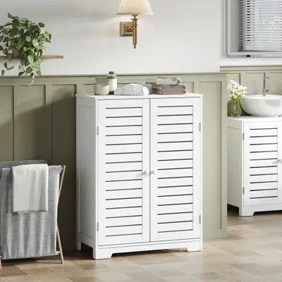 Produktbild von Mondeer Badezimmerschrank mit Lamellentüren 2 verstellbare Ablagen Sideboard Küchenschrank