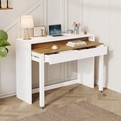 Productafbeelding van Merax uitschuifbaar bureau met wielen, console tafel met 2 lades, verhoogde beschermrand en remwielen, computerbureau, naturel en wit