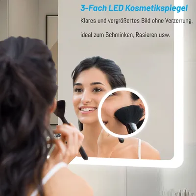 Produktbild von Badspigel mit Steckdose 120×70cm Uhr LED Schminkspiegel Kalt/Neutral/Warmweiß dimmbar Memory Beschlagfrei eine Stunde automatische Abschaltung Wandschalter Spiegel mit LED Beleuchtung