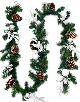 Immagine prodotto di COSTWAY 270 cm di ghirlanda di Natale con 50 LED bianchi caldi, ghirlanda di abete artificiale con pigne, decorazioni argentate e timer, ghirlanda di Natale