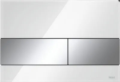 A white toilet flush plate with two silver buttons.