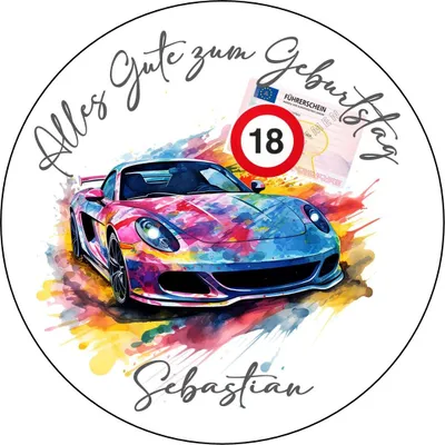 Produktbild von Geburtstag 18 Auto Führerschein Tortenbild rund - Name Wunschtext möglich 20 cm