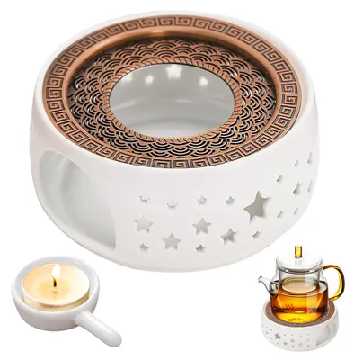 Produktbild von Stövchen für Teekannen - Mit Teelichthalter und hohl geschnitztem Design - Zur Wärmeerhaltung von Tee und Kaffee - Weiß aus Keramik