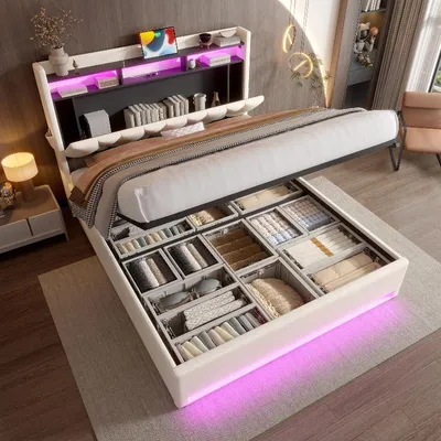 Immagine prodotto di Letto imbottito 140x200 cm con illuminazione a LED, prese USB e di tipo C, testiera con spazio contenitivo e contenitore a sollevamento idraulico, rivestito in velluto color beige