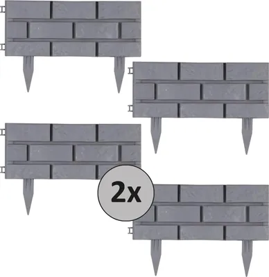 Four garden border pieces with a brick pattern, arranged in a loose cluster. A circular graphic with '2x' is overlaid on the bottom right.