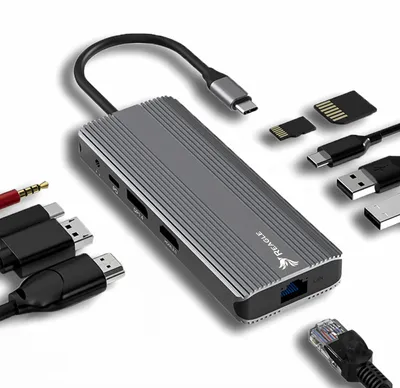 Immagine prodotto di REAGLE HUB USB-C 10-in-1: DisplayPort 1.4, HDMI 2.1, 8K a 30Hz, 4K a 144Hz, 5 Gbit/s, Display Port, Power Delivery 100W, cavo in nylon intrecciato