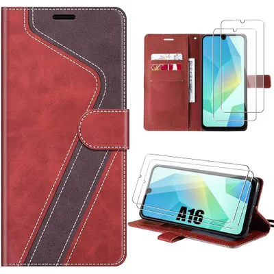 Image de Coque + 2 Verres Trempés pour Samsung Galaxy A16 4G/5G, Protection Rabat Anti-Rayures CuirPolyuréthaneRouge