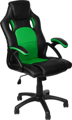 A black and green racing-style office chair is shown from a slightly angled front view against a white background.