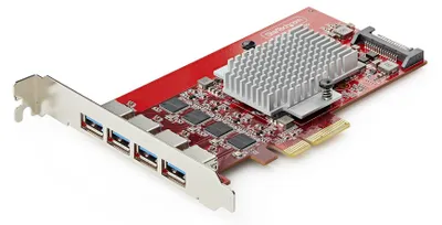 Produktbild von StarTech.com 4-Port USB-A 10Gbps PCIe Karte, 4× unabhängige USB 3.2 Controller, PCI Express 3.0 Erweiterungskarte, Windows/Linux/macOS, TAA-konform, PCIe, USB 3.2 Gen 2 (3.1 Gen 2), PCIe 3.0, SATA 15-Pin, Rot, ASMedia - ASM3142, ASMedia - ASM2812X