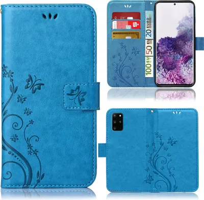 Produktbild von Handy Tasche für Samsung Galaxy S20 Plus Schutz Hülle Handyhülle mit Blumenmuster Klapp Hülle mit Standfunktion und Kartenfächer Blau
