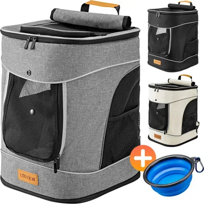Produktbild von CADOCA® Haustierrucksack bis 20 kg verstellbare Gurte faltbar Kurzleine Reflektorstreifen Haustier Tragetasche Katze Hund Rucksack Transportrucksack, Farbe:beige