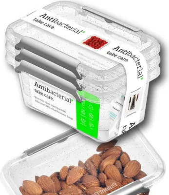 A clear plastic food storage container with a label indicating it is antibacterial.