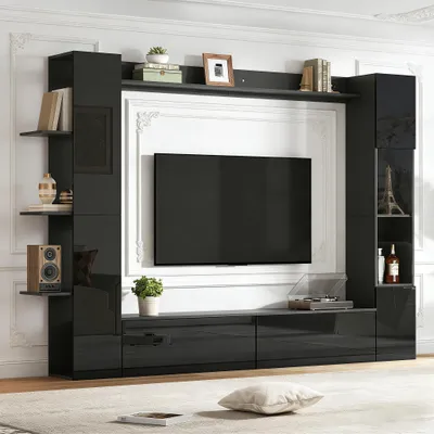 Produktbild von Merax Hochglanze Wohnwand mit Acryltür, TV Schrank mit Vitrine, Hochglanz Weiß, Wohnzimmermöbel mit Stauraumwand aus MDF, Schwarz